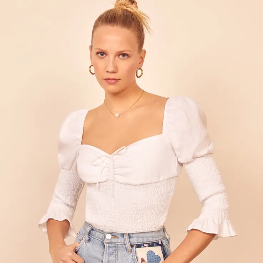 Reformation Haven Linen Smocked 3/4 Sleeve Top, White, Sz Small - Picture 6 of 6